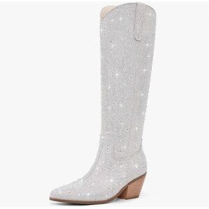 RONILURN White Rhinestone Cowgirl Boots